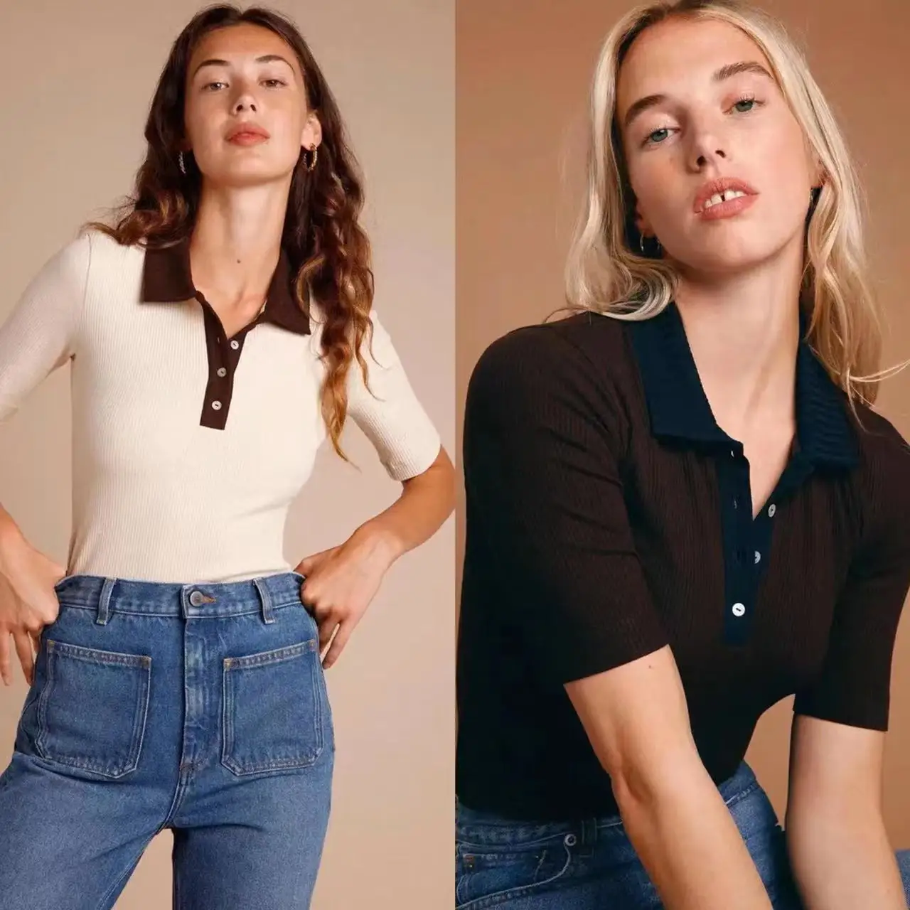 

French Sle Retro Patchwork Ne ort Sve Cotton Ribbed T-irt Women's Spring Summer New Arrival 367