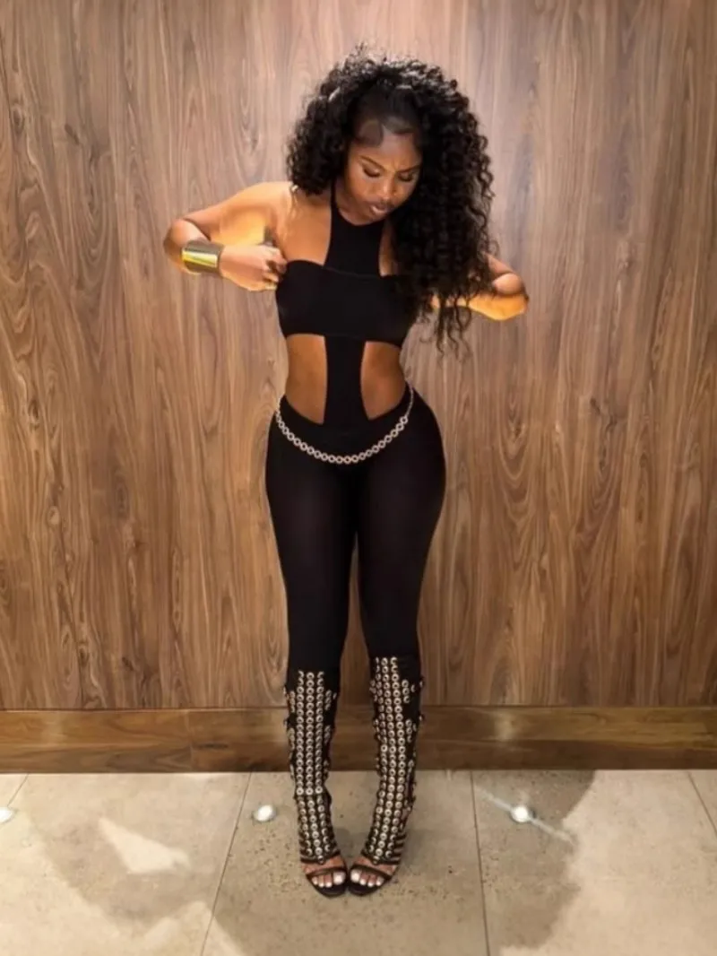 

Women Sexy Backless 2 Piece Set Stretch Tube Top+Skinny Halter Jumpsuit Fitness Street Matching Party Club Overalls