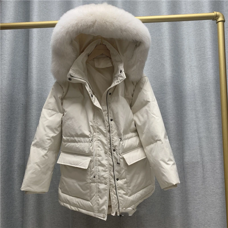 2022 Women Autumn Winter Loose Padded Zipper Solid Color Jacket Hooded Stand Fur Collar Casual All Match White Duck Down Coat