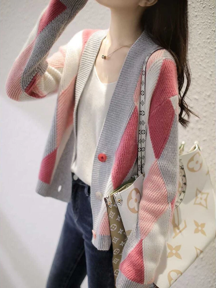 Women's Cardigans Plaid Spring Autumn Outerwear Jacket Green Ladies Knit Sweaters Harajuku 2024 Trending Fashion Fall Attractive