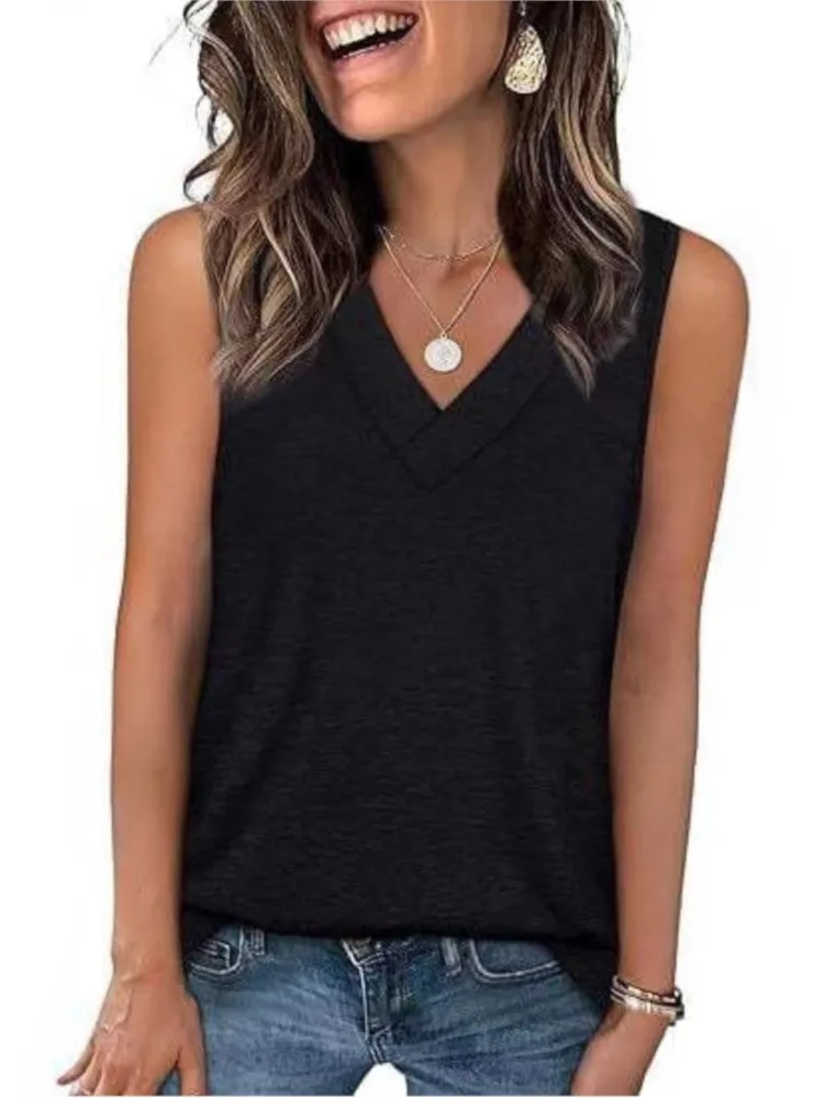 Casual Comfort Versatile Vest Top For Woman Summer Fashion V-neck Loose Sleeveless Shirt Ladies Simple Style Solid Color Blouses