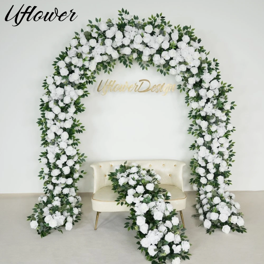 

Uflower Luxury White Rose Green Leaves Flower Row Arrangement Wedding Backdrop Arch Decor Floral Row Runner Event Party Props