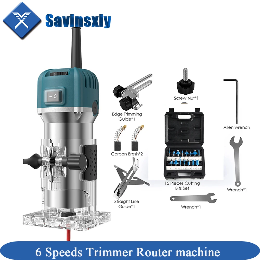 

6 Speeds Adjustable Electric Hand Woodworking Trimmer Palm Router kit with 15 PCS Router Bits 800W 110V 33000r/min.