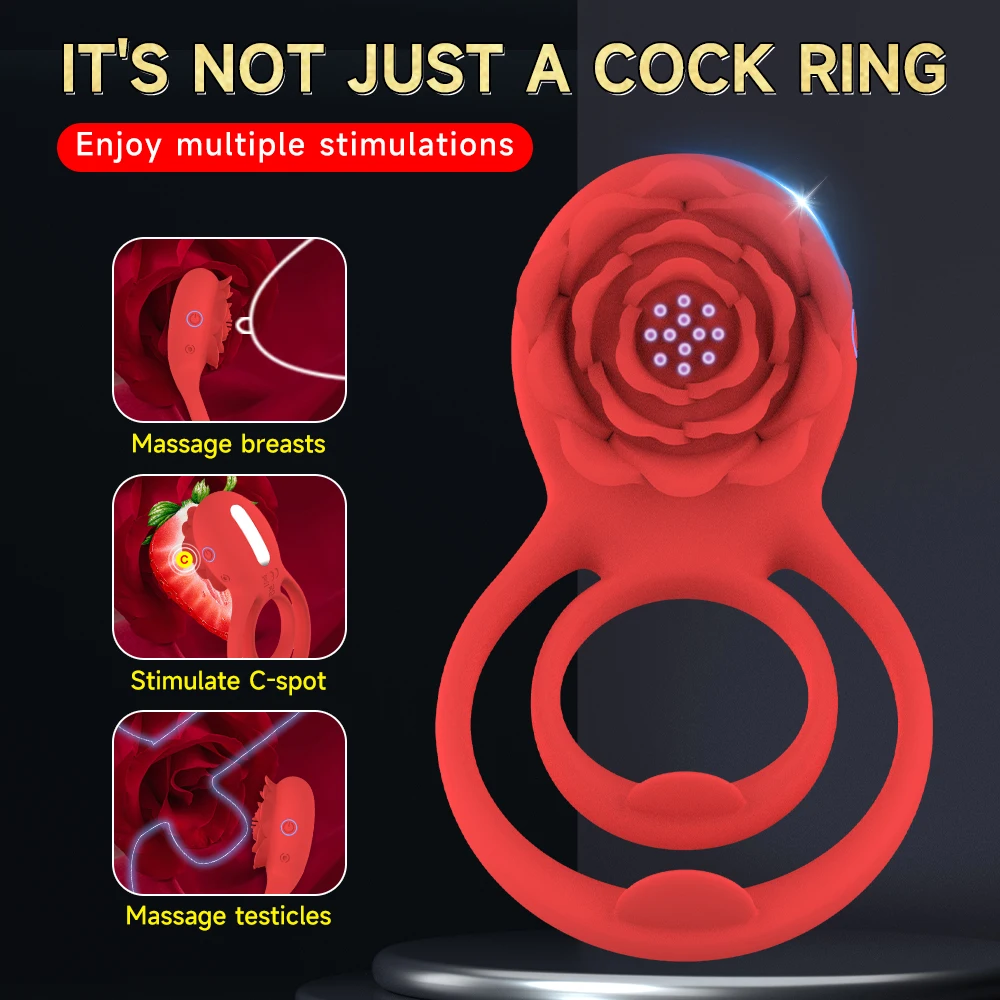 Rose Toy Dual Cock Rings Vibrator Strong Vibrating Clit Nipple Stimulator for Women Delay Ejaculation Penisring Sex Toys for Men