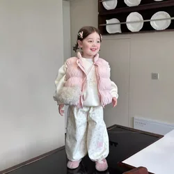 2024 Winter New Girls Children Clothing Korean Style Sweet Solid Color Warm Sweatshirt Plus Casual Pants Set