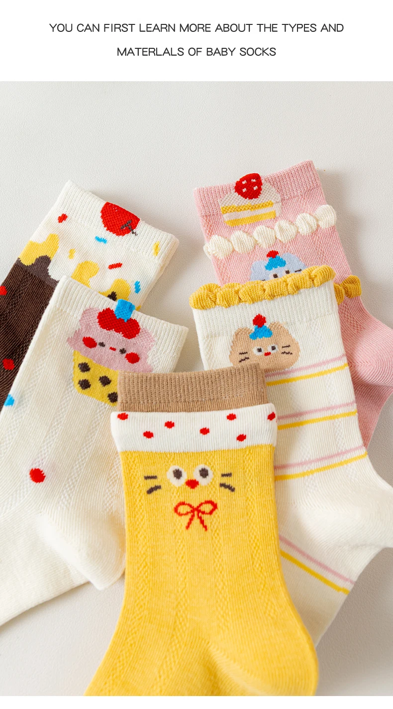 5 Paar Kinder Sommer Dünne Socken Nahtlos Blasenfrei Niedlicher Cartoon-Katzen-Kuchen-Druck Atmungsaktive Mesh-Baumwollsocken Wadenlange Socken für Mädchen 1 – Detail 14