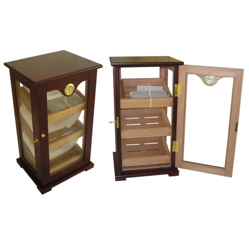 High Quality Luxury Four Sides Tempered Glass and Custom logo Cigar Boxes Wooden Cigar Humidor Cabinet