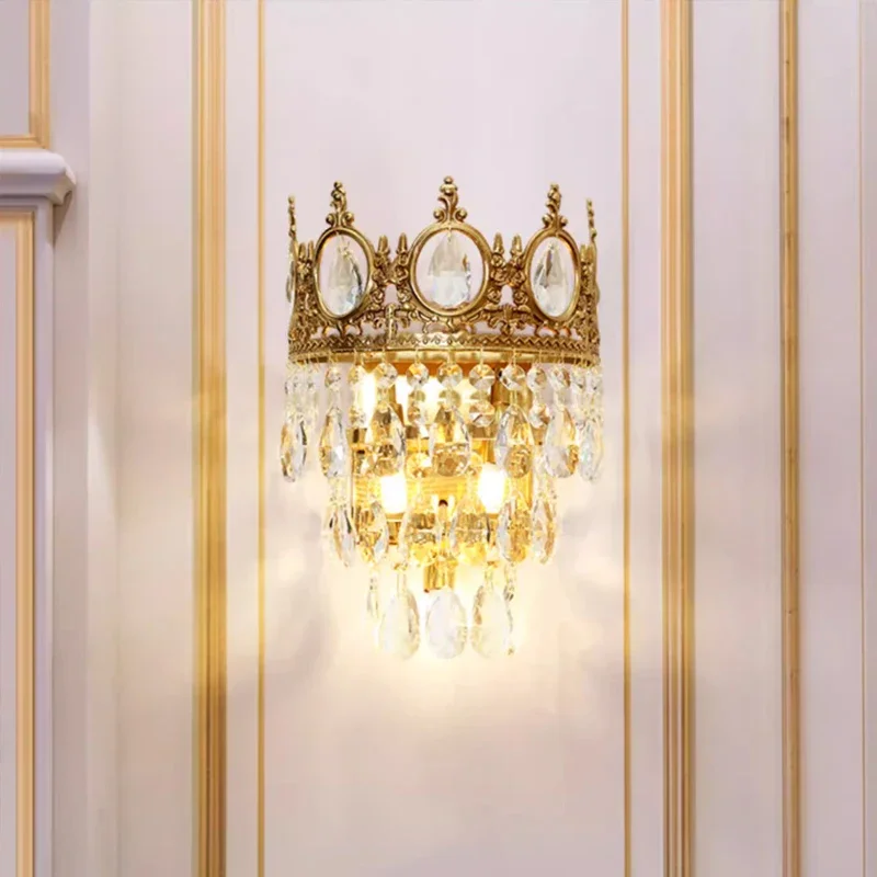 French Baroque Wall Lamp Gold Imperial Crown Brass Wall Scone Lights Small Crystal Lamps for Hallway Living Room