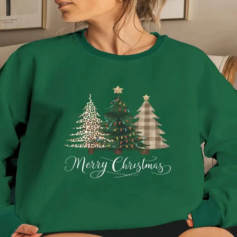 

Women Casual Crew Neck Christmas Tree Print Sweatshirt, Knit Polyester Fabric, Geometric Pattern, Long Sleeve Pullover