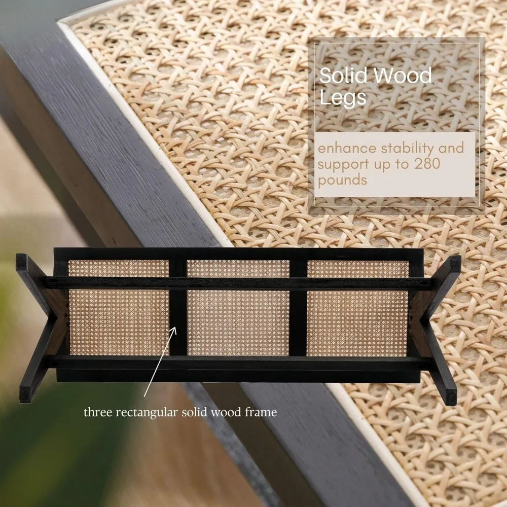 45-дюймовая черная скамейка из ротанга для прихожей, плетеное дерево и трость, конец кровати, скамейка, деревянная обеденная скамейка в фермерском доме с подставкой для ног