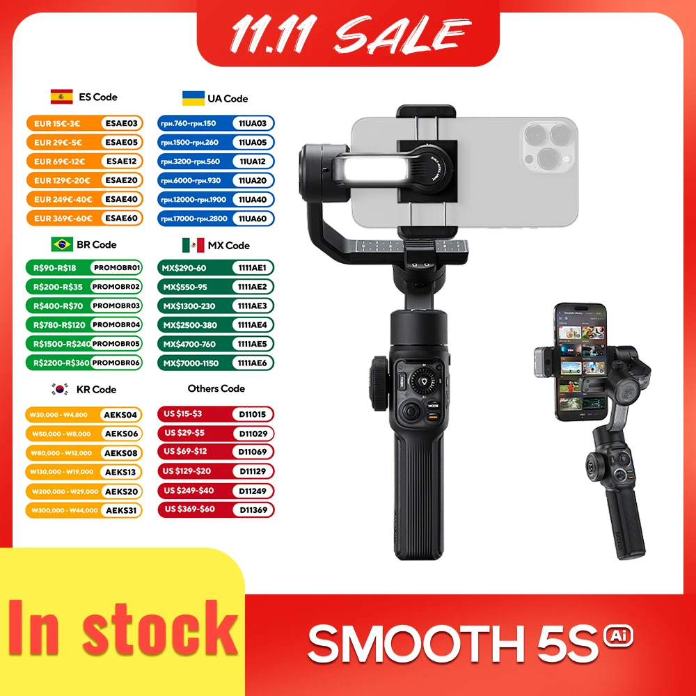 

ZHIYUN Официальный SMOOTH 5S AI Смартфон Gimbal 3-осевой Gimbals Fill Light Телефон Стабилизатор для iPhone 15 Pro Max Android