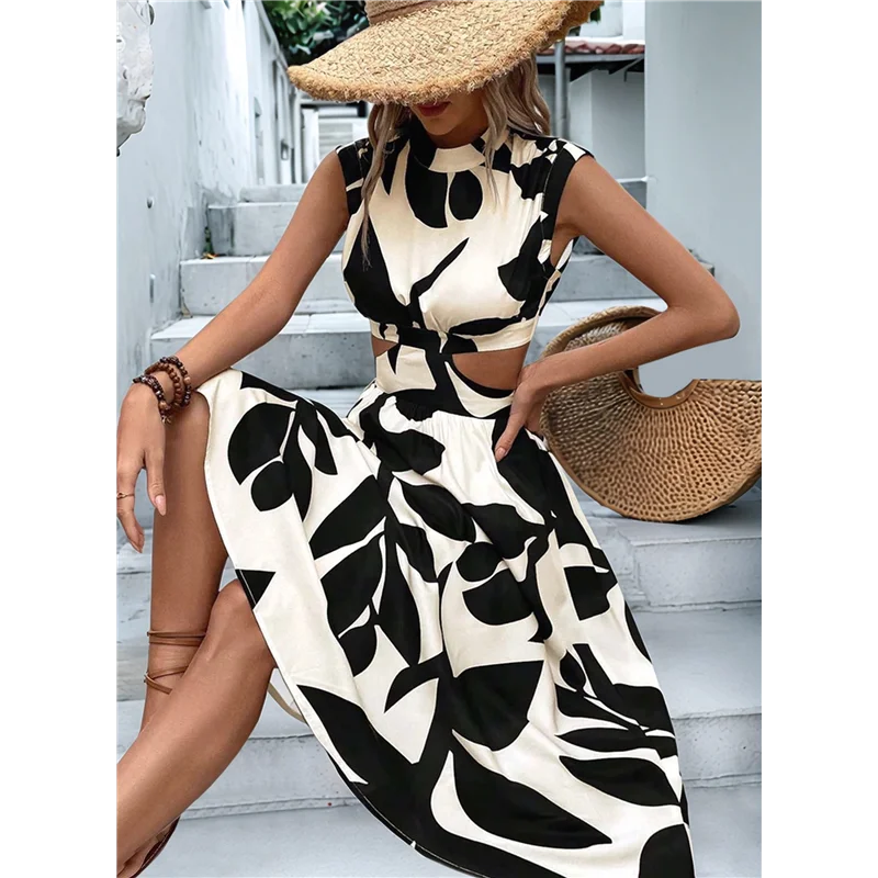 AOAO – Vestido feminino de verão com estampa floral, recorte, manga morcego, gola redonda, linha A, cintura alta, vestido midi