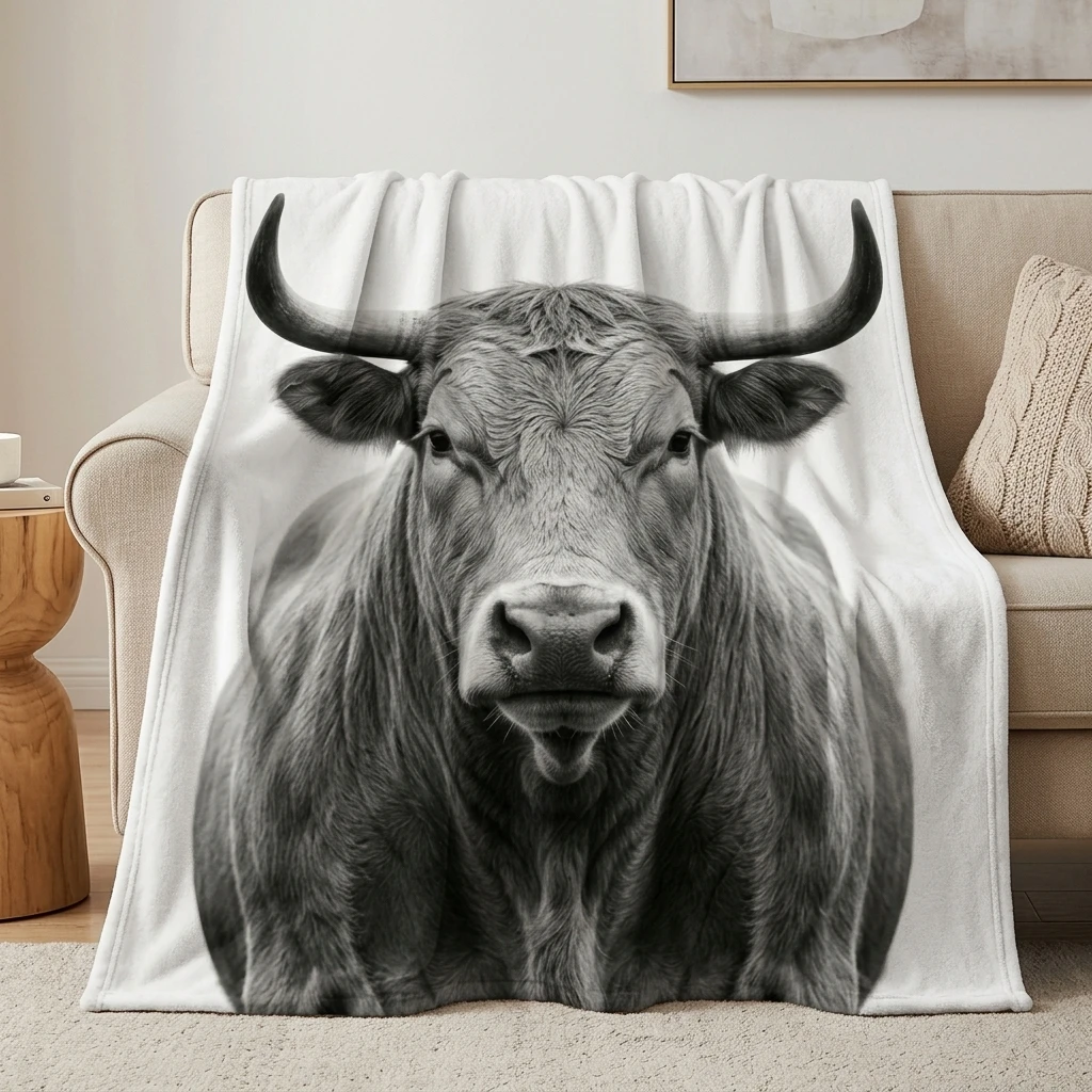 Monochrome Bull Portrait Flannel Throw Blanket, Black and White Cow Print for Western & Farm Animal Lovers