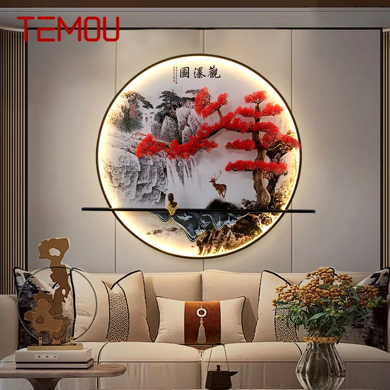 TEMOU-LED Wall Picture Light, Chinese Pine Landscape, Mural Sconces Lamp para Casa, Viver, Quarto, Estudo, Criativo, Moderno