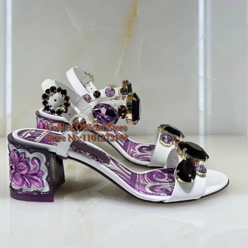 Bohemia Style Rhinestone Gem Chunky Heels Sandals Purple Leather Ankle Strap 10cm Crystal Female Summer Dress Shoes