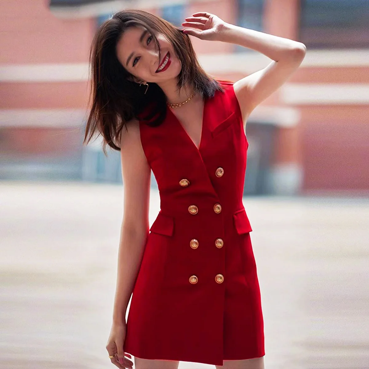 French Elegant Business Office Lady Dress V-neck Sleeveless Double-breasted Gold Buckle Slim Commuter Short Dress Women Summer