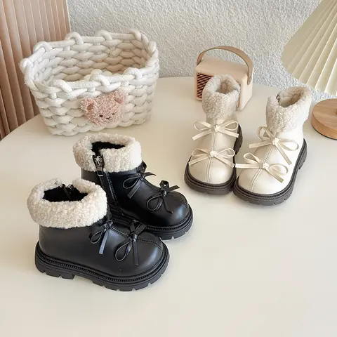 Baby Girls Winter Hot Sale Fashionable Round Toe Cute Bow Comfortable Zipper Short Boots Kids Casual Plus Velvet Warm Snow Boots