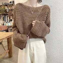 2023 New Spring and Autumn Fashionable and Simple One Line Neck Hollow Jacquard Loose Relaxed Lazy Solid Knit Pullover Sweater