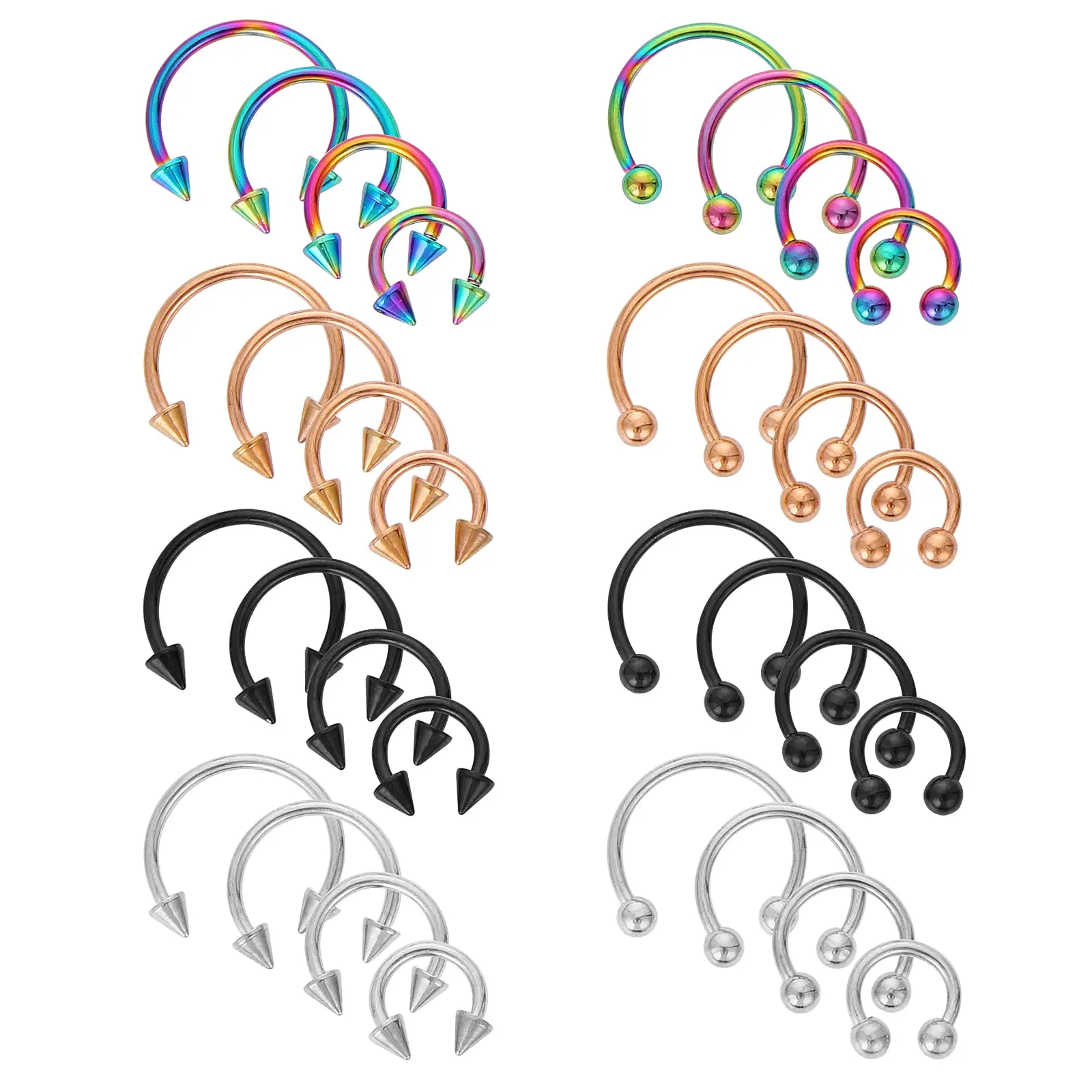 32Pcs 16G Variety of Sizes Horseshoe Rings Surgical Steel Nose Septum Hoop Earring Eyebrow Earring Lip Piercing for Women Men