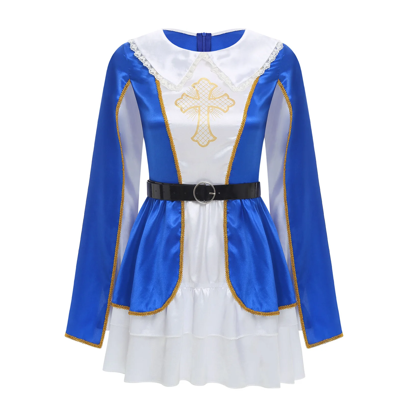 فستان نسائي كوسبلاي من Musketeer Queen وحزام خصر ملابس الهالوين في القرون الوسطى وعصر النهضة تراكب بحاشية متدرجة فستان