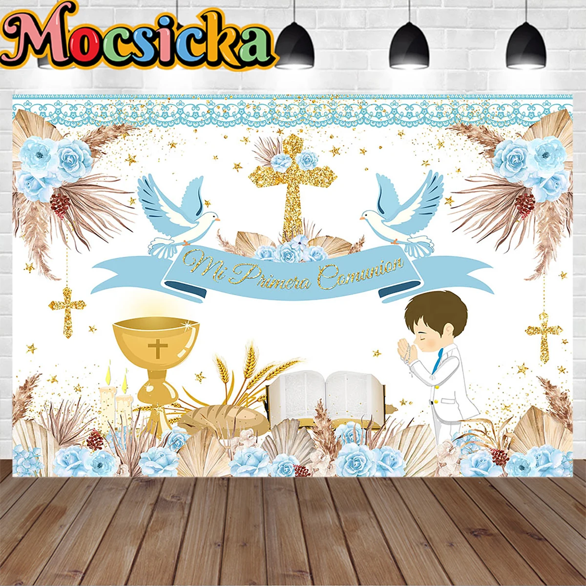 Boho Boy Girl Communion Decoration Birthday Party Background Banner Peace Dove Golden Cross Flower Backdrop Booth Newborn Photos