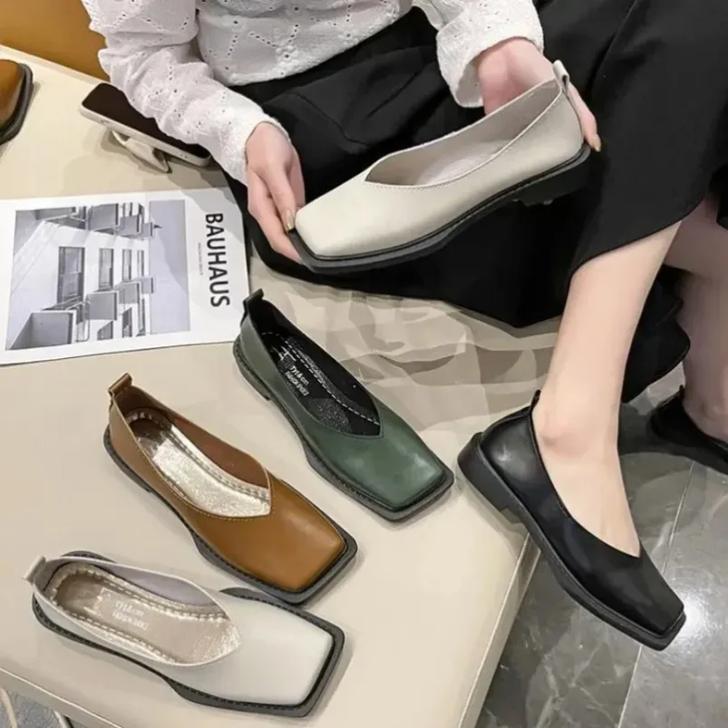Roman Women Low Heel Pumps Ladies Female Footwear Flat Shoes Square Toe Autumn Casual Sneaker Shallow Mouth Soft Retro Fall PU view 3