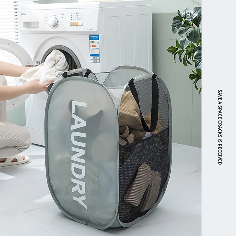 Folding Laundry Basket with Handle Clothes Toy Storage Basket Mesh Breathable Household Laundry Hamper Organizer
