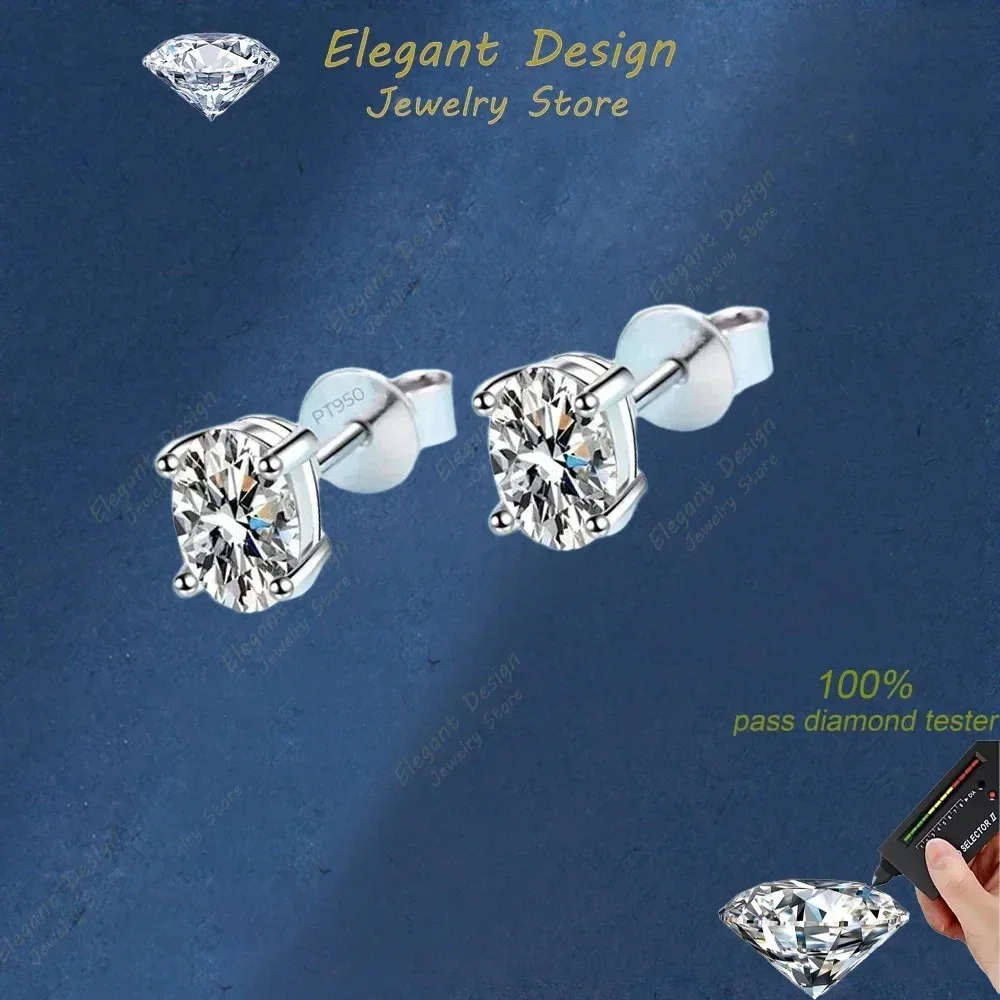 Elegant Store PT950 Platinum Oval Female Earrings, 0.5/1/2ct Moissanite Stud Earring for Women Luxury Wedding Party Jewelry