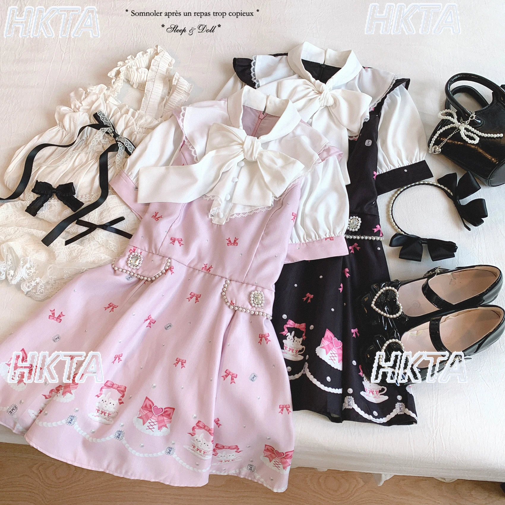 

Japanese Style Floor Bud Style Retro Cute Print Square Diamond Bow Lace Stand Up Collar Short Sleeves Dresses Shorts Suit Women