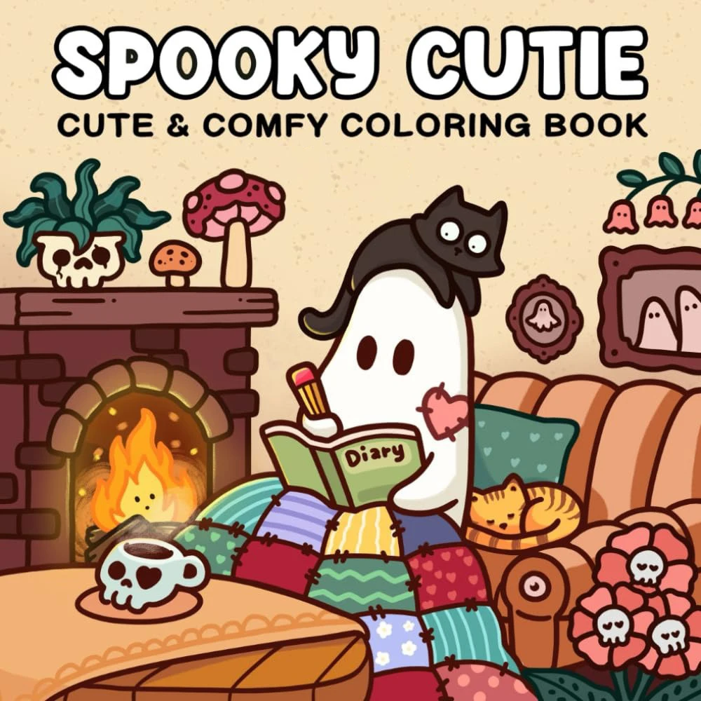 Libro para colorear para adultos y adolescentes, tema de Halloween con adorables criaturas espeluznantes en momentos acogedores para regalo de relajación