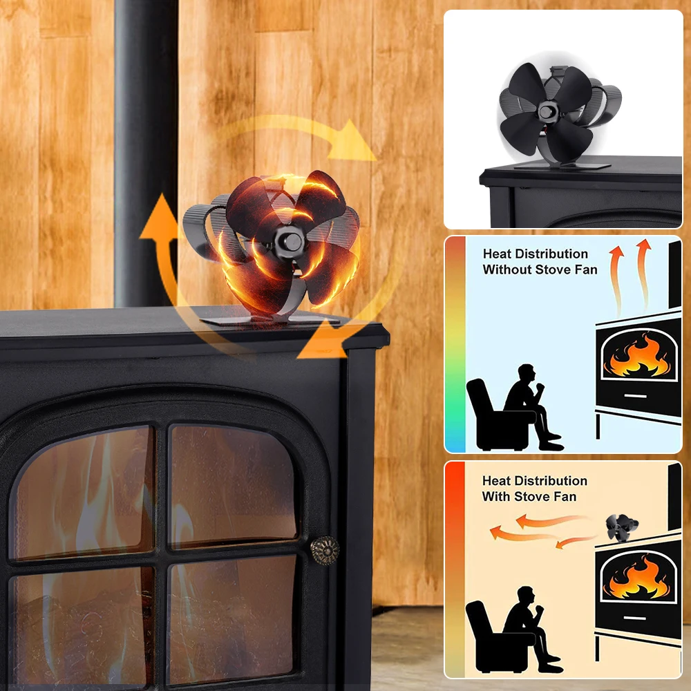 

Hot Air Stove Fan 4-Blade Black Fireplace Fan Wooden Burner Ecological Fan Silent Winter Warmer Home Efficient Heat Distribution
