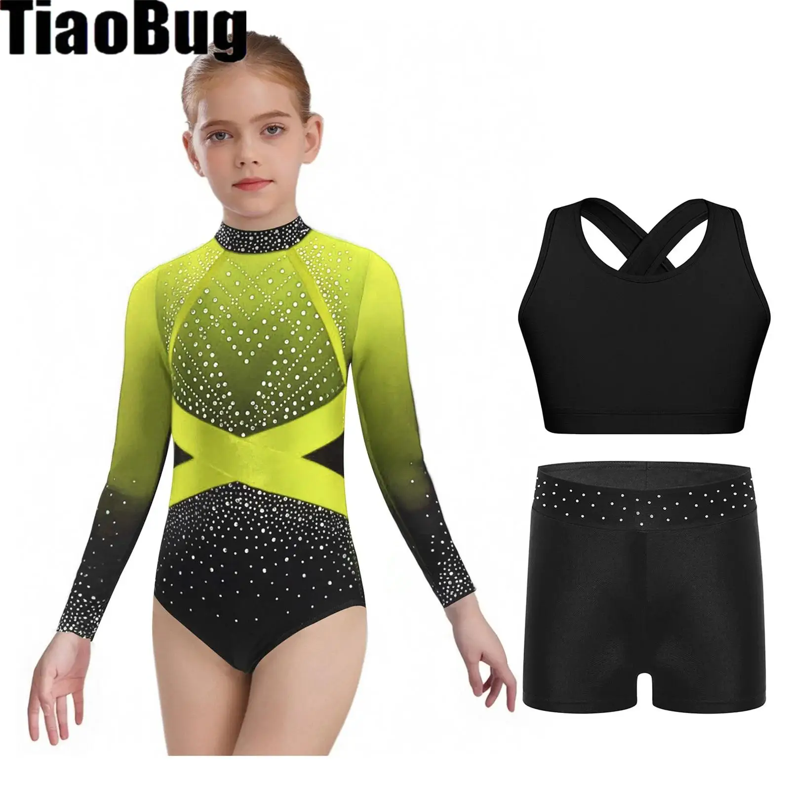 Kids Girls Gymnastics Dance Outfit Long Sleeve Sparkling Rhinestones Color Block Leotard with Cross Back Vest And Shorts