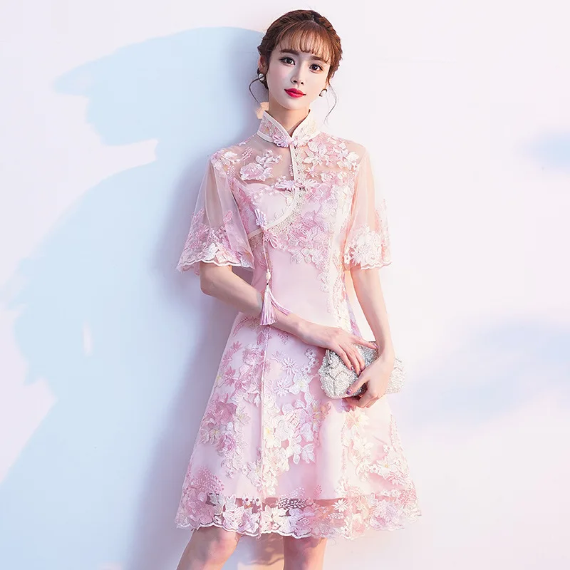 Pink Lace Embroidery A-Line Banquet Dresses Vintage Mandarin Collar Chinese Gown Cheongsam Skirt Wedding Party Dress Vestidos