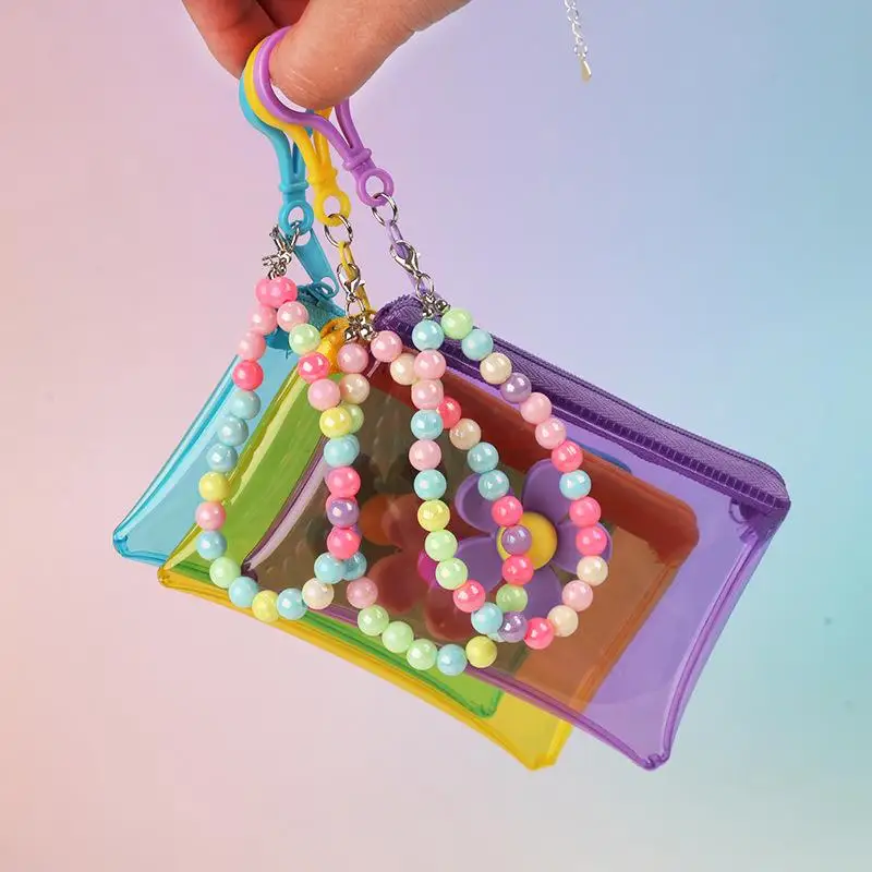 Hot Sale Portable Flower Bead Chain Coin Purse PVC Zipper Small Wallet Colorful Transparent Storage Bag