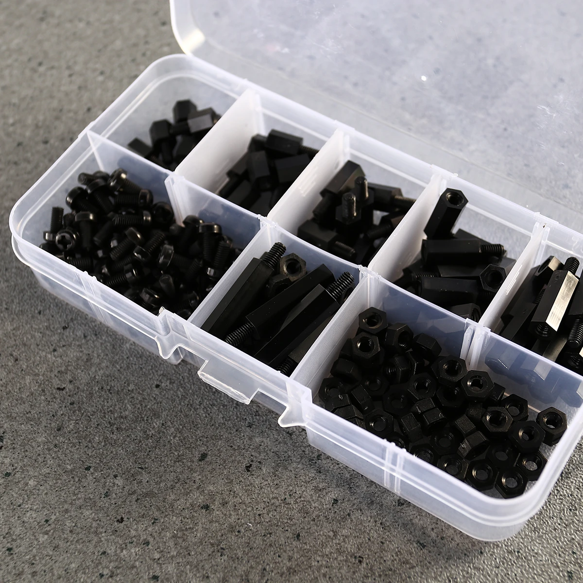 

300pcs Nylon Spacers Screw Nut Stand-Off Plastic Accessories Assortment Kit Black White Hard Box Included Easy Install
