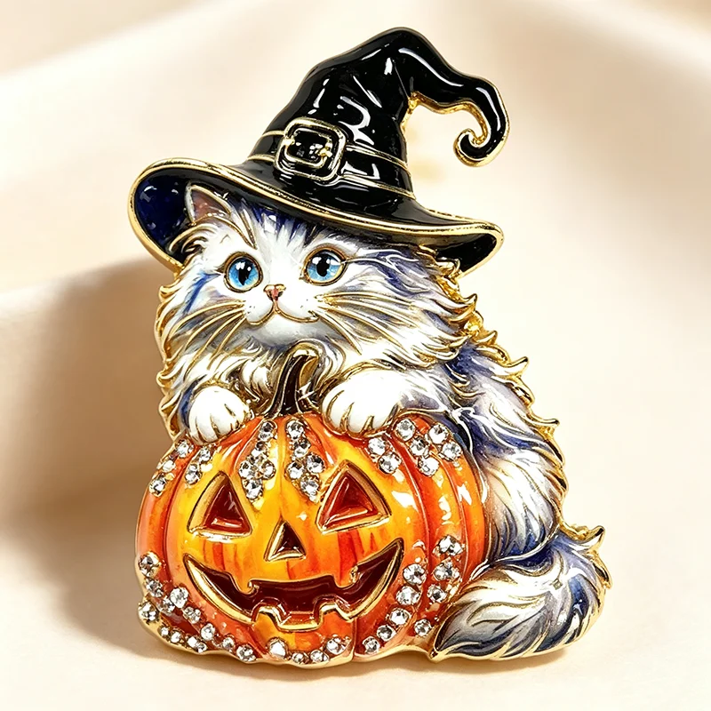 Emaille-Strass-Halloween-Katzenbrosche, blaues Porzellanmuster, Metallabzeichen, Kleidungsdekor-Pin