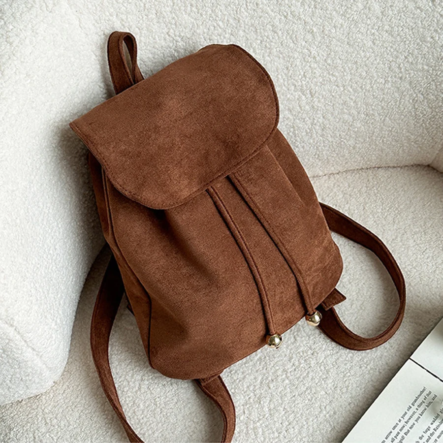 

Korean vintage suede flap drawstring backpack ins new casual fashion student small bagpack soild female travel bags rucksack sac