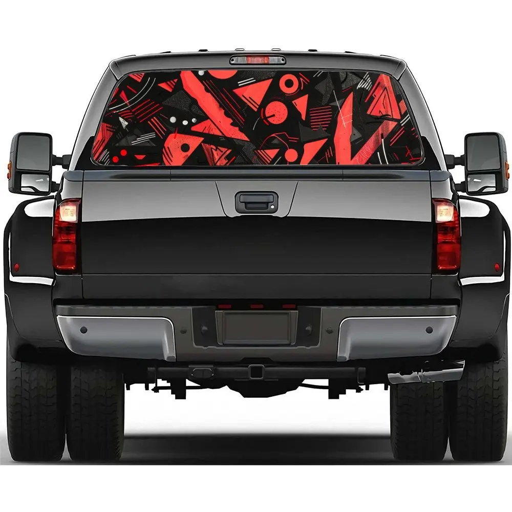 

Dynamic Red Geometric Shapes Car Accessories Rear Windshield Sticker, Truck Window See Through Perforated Window Car Vinyl Wraps