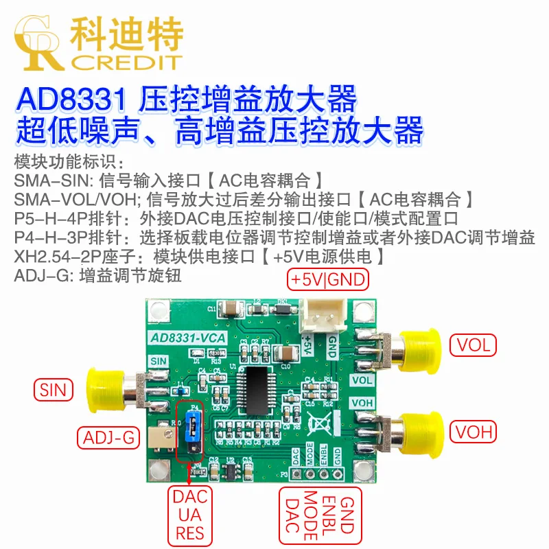 Imagem -05 - Tensão Controlada Módulo Amplificador Ultra Baixo Nível de Ruído 48db Ajuste de Ganho Dinâmico 100mhz Largura de Banda Ad8331