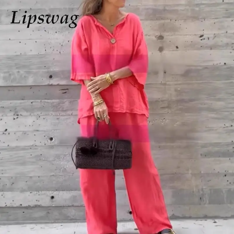

Women Fashion 3/4 Sleeve Street Loose 2Pc Sets Casual Cotton Linen Solid Color Outfits Elegant V-neck Pullover & Long Pant Suit