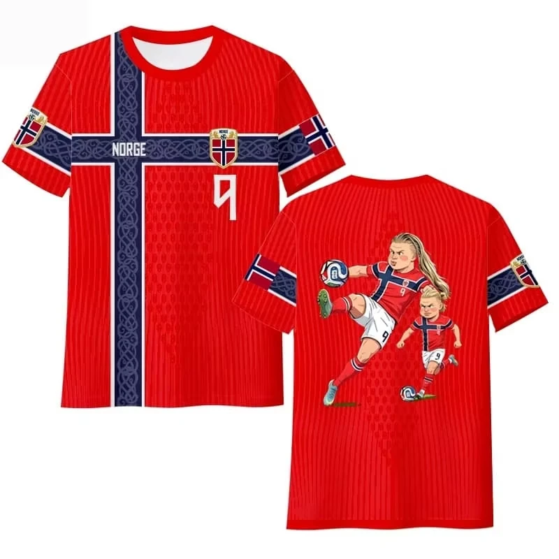 Haaland Norwegen Nationalmannschaft Fan-T-Shirt, schnelltrocknendes Eisseiden-Kurzarm-Unisex-Freizeit-Fußball-Fan-T-Shirt für Männer und Frauen im Sommer – Detail 8