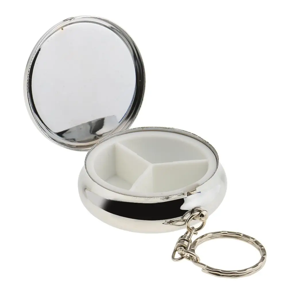 3 Compartments Round Travel Portable Vitamin Organizer Tablet Box Earring Trinket Storage Case Container with Keychain Keyring