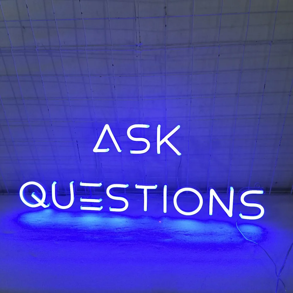 Ask Questions LED Neon Letters Wall Art - Hanging Transparent Acrylic Silicone Lights for Room Decor Personalized Sign