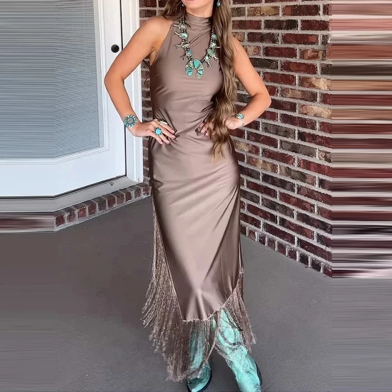 

Elegant High Waist Solid Satin Evening Dress Luxury Simple Banquet Ladies Maxi Dress Fashion Halter Tassel Hem Sleeveless Dress