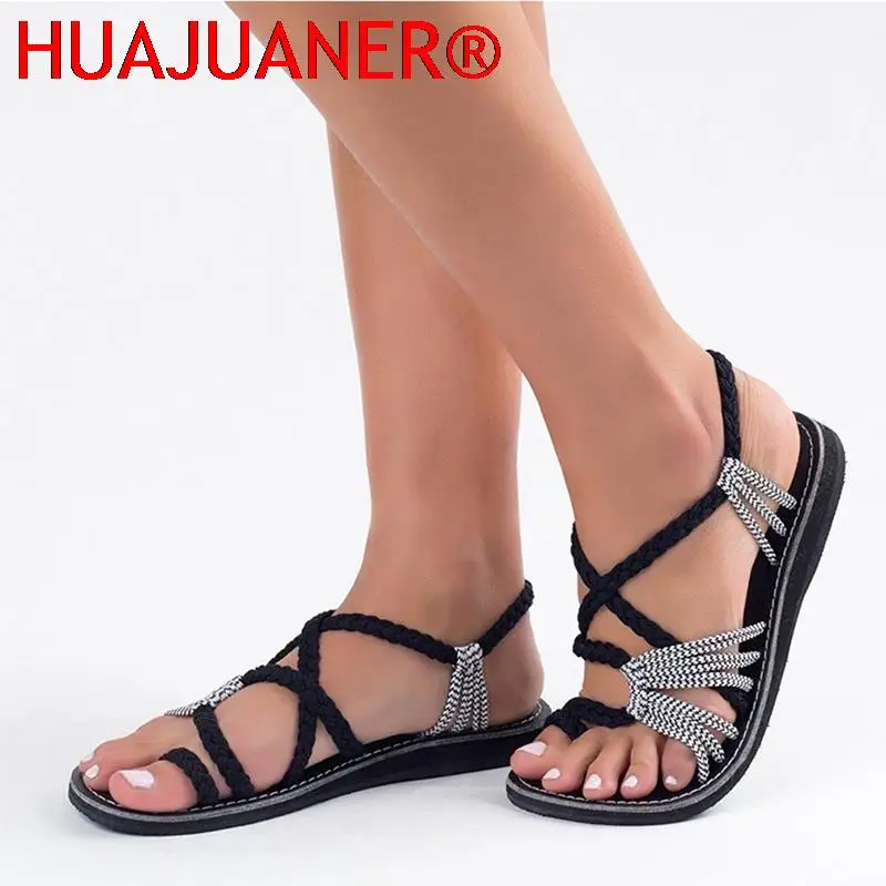 Rome Weaving Women Sandals Open Toe Flats Casual Shoes Summer New Ladies Beach Rope Knot Girls Big Size 35-43