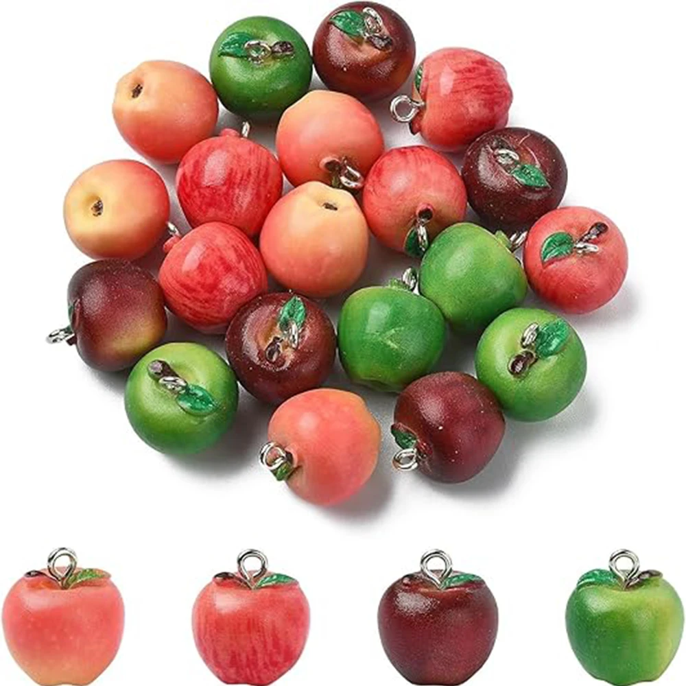 20Pcs Red & Green Apple Resin Charms Realistic Fruit Pendants for DIY Jewelry Making Crafts