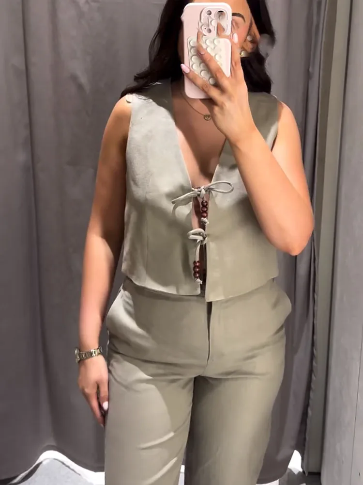 Damski komplet HH, 2-częściowy, elegancki, sznurowany, z koralikami, dekolt w serek, bez rękawów, codzienna bluzka typu vest + luźne spodnie z wysokim stanem i szerokimi nogawkami, z jednolitą kolorystyką i bocznymi kieszeniami.