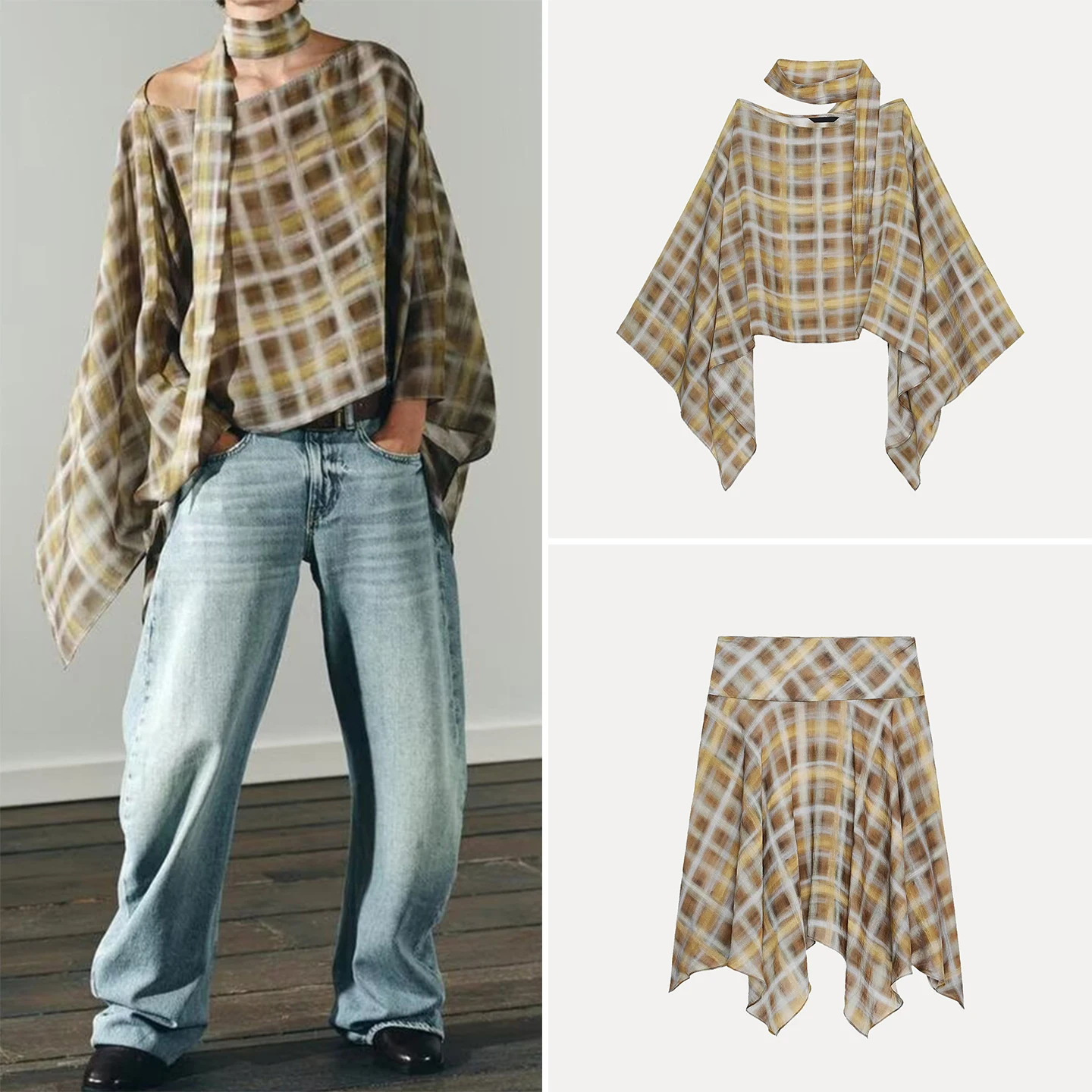 

2025 Autumn New Sle Women's Plaid Scarf Cowl Ne Long Sve Casual Faion Set Midi Skirt Adult Four Seasons Wear