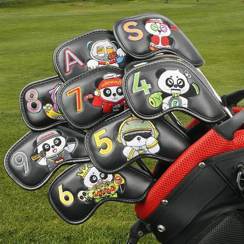 9pcs Golf Cabeça Cobre Com Etiqueta Bordada Panda Clube de Couro PU Golf Ferro Para Capas de Cabeça Set 4/5/6/7/8/9/P/A/S Headcover