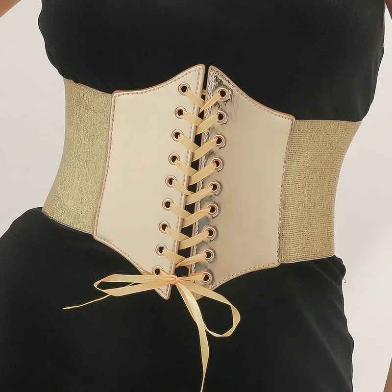 Silver Corset Belt for Women Wide Dress Belt Y2k Lace-up Elastic Waist Belt